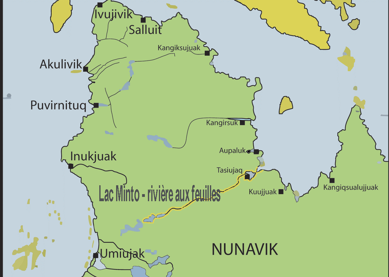 Une carte sommaire du Nunavik, avec notre rivière en jaune